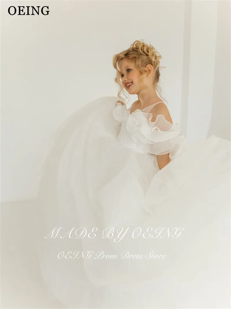 OEING Simple Ivory Ball Flower Girl Dresses Off Shoulder Ruched Ruffle Wedding Party Dress Princess Birthday Dress Customized