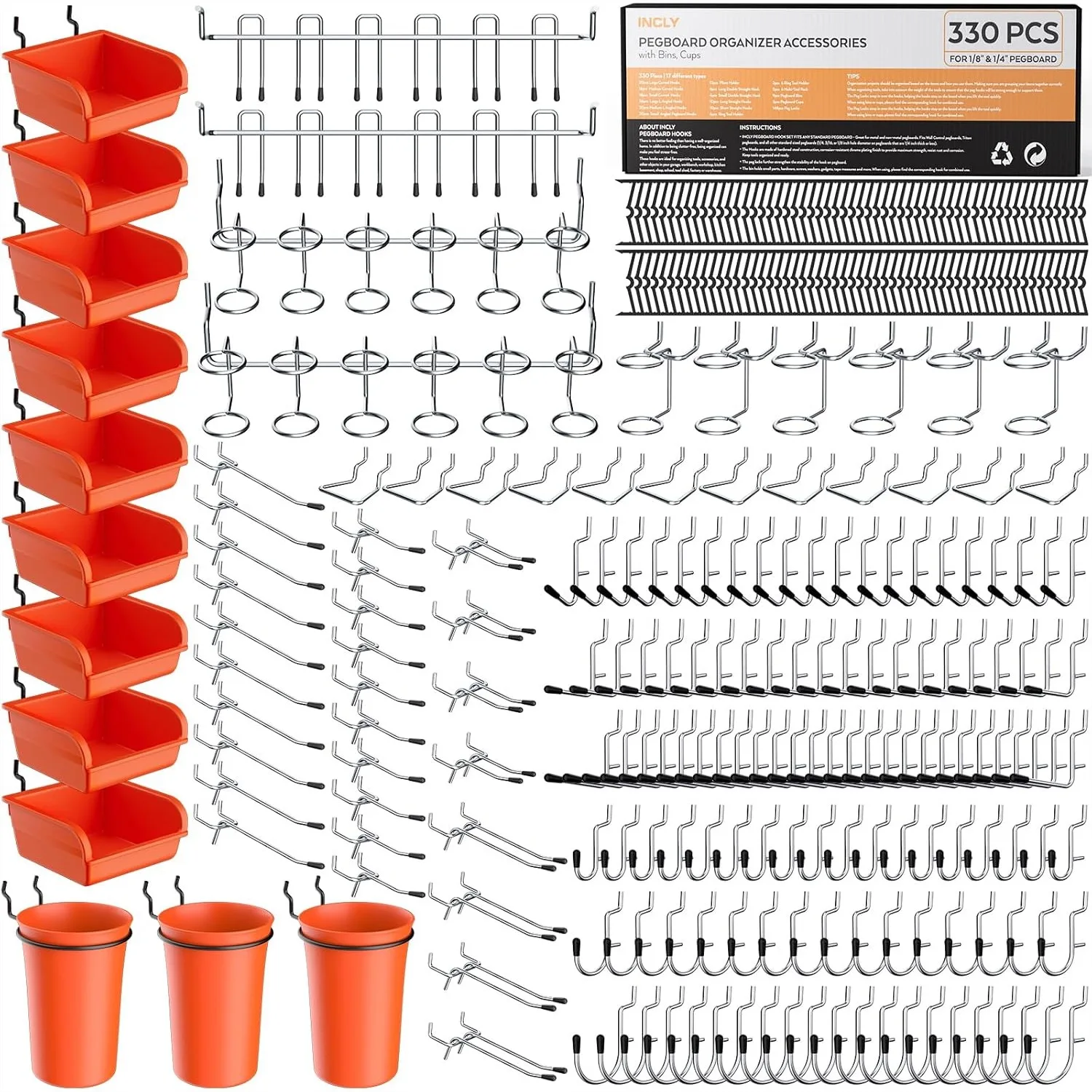 

Pegboard Accessories Kit 330PCS, Peg Board Hooks Assortment with Bins & Cups for Garage Workshop Wall Hanging Tools, Fit 1/8 or
