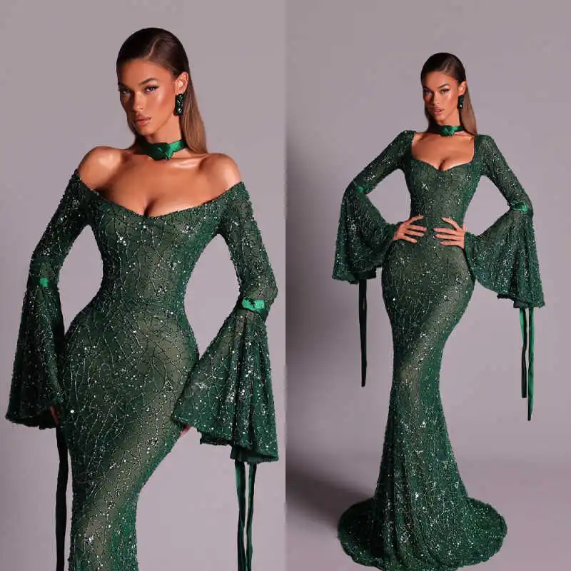 

Elegant Mermaid Prom Gown Long Sleeve Evening Dress Satin 3D-Lace Party Prom Dress Sexy Bridal Gowns Robes De Mariée Customized