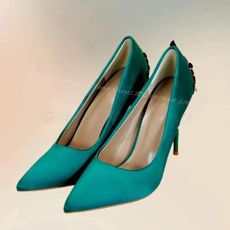 Appliques Decor Green Silk Pointed Toe Pumps Slip On Women Shoes Thin High Heels Fashion Party Banquet 2024 Zapatos Para Mujere