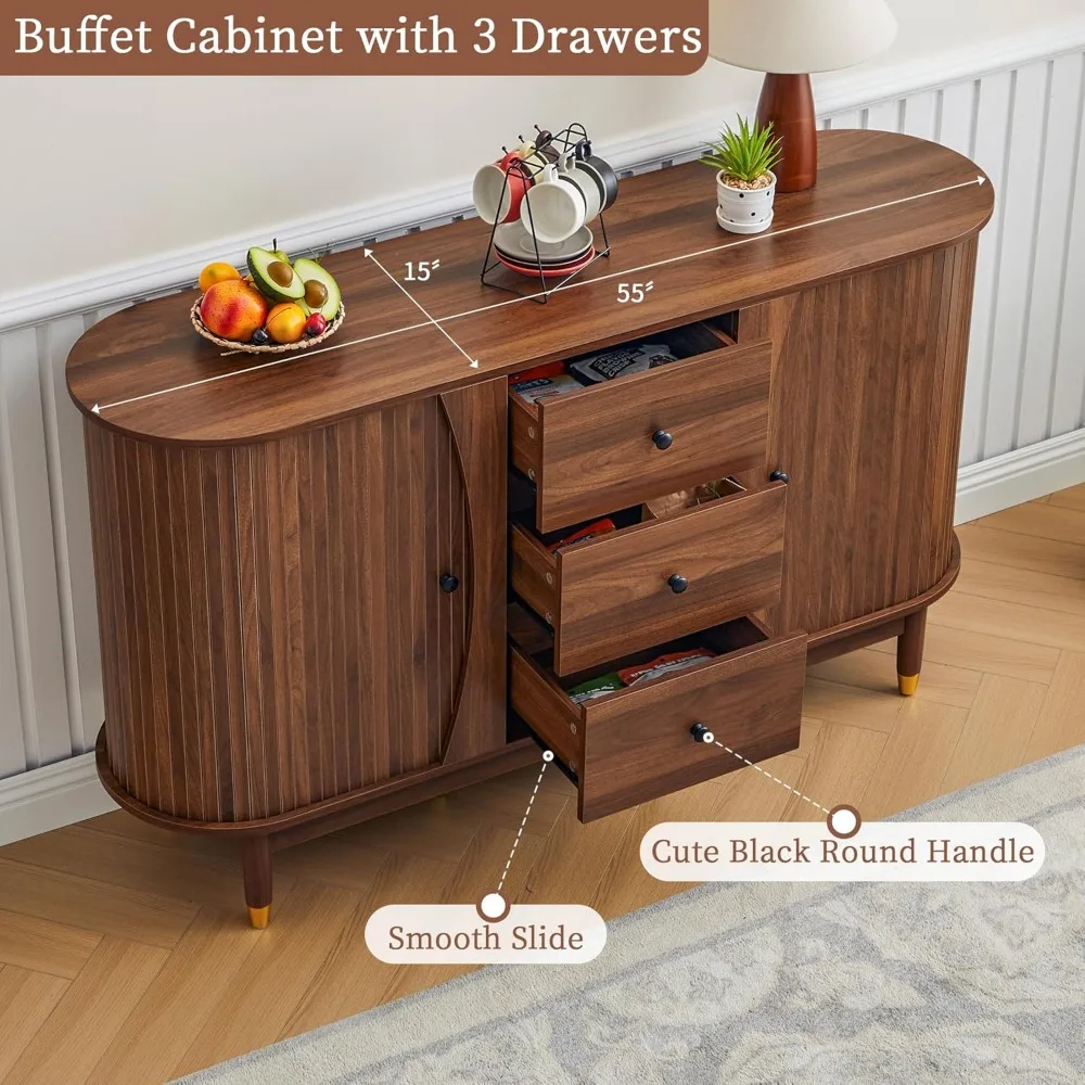 خزانة جانبية منحنية من خشب الجوز مقاس 55 بوصة مع أدراج وخزانة تخزين بباب الدف المنزلق