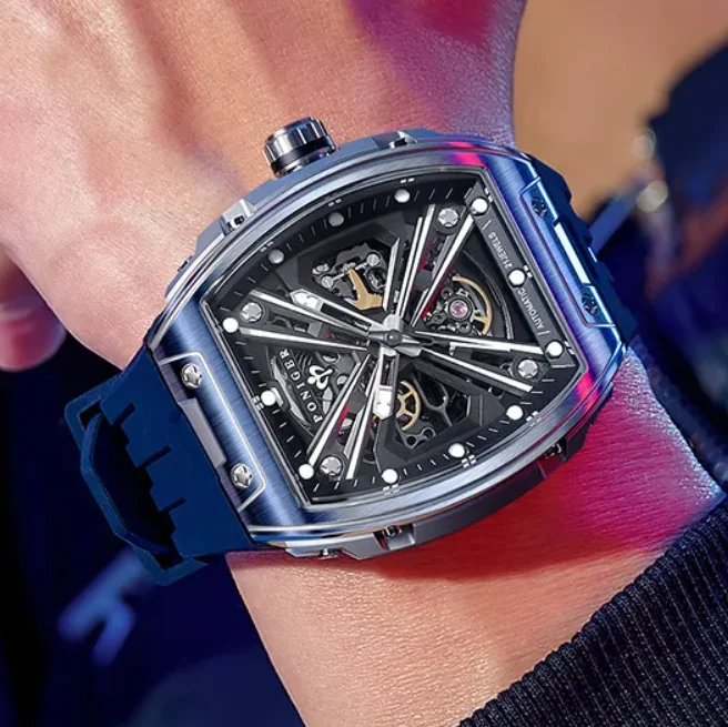 

PONIGER Men Automatic Watch 46mm Tonneau Mechanical Wristwatch Sapphire Luminous Skeleton Dial