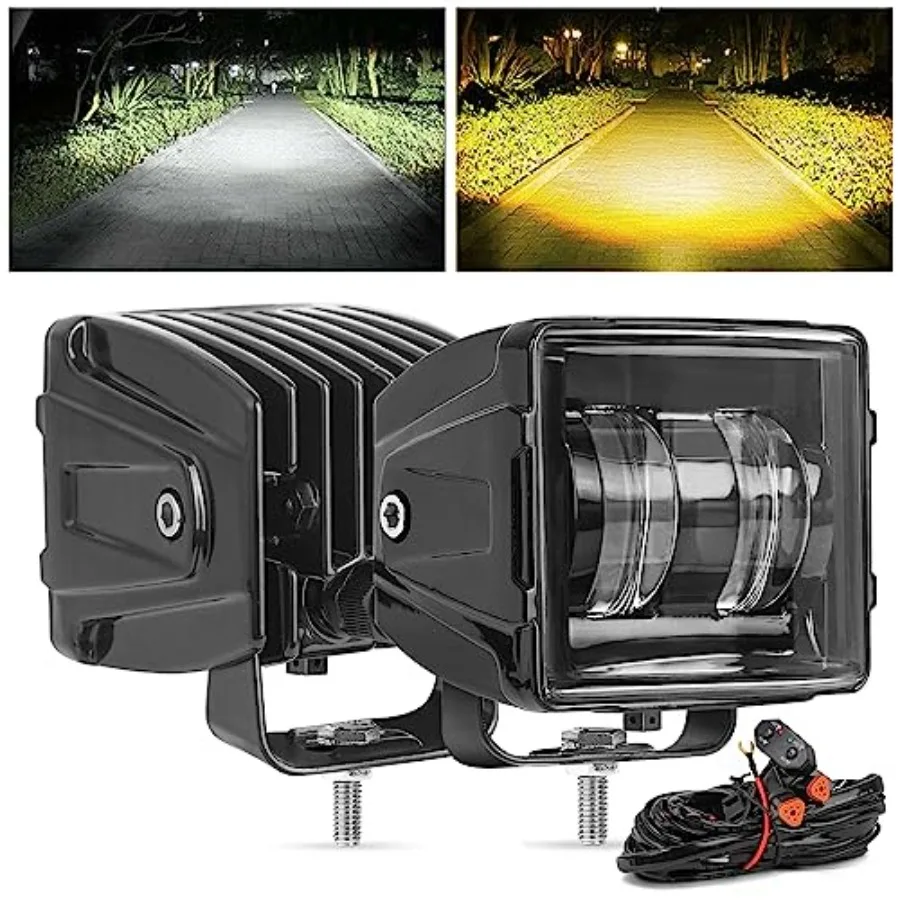 

3Inch 100W Dual Color Cube LED Pod Lights with With DT Plug Wiring Harness Kit White Offroad and Amber Square Fog Lamp Flood Ho