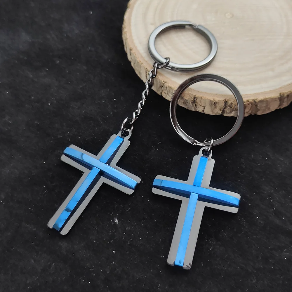 Crucifix Pendant  Men Keychain Personality Creative Double Layer Blue Color Cross Car KeyRing Jewelry Accessories Gift Wholesale