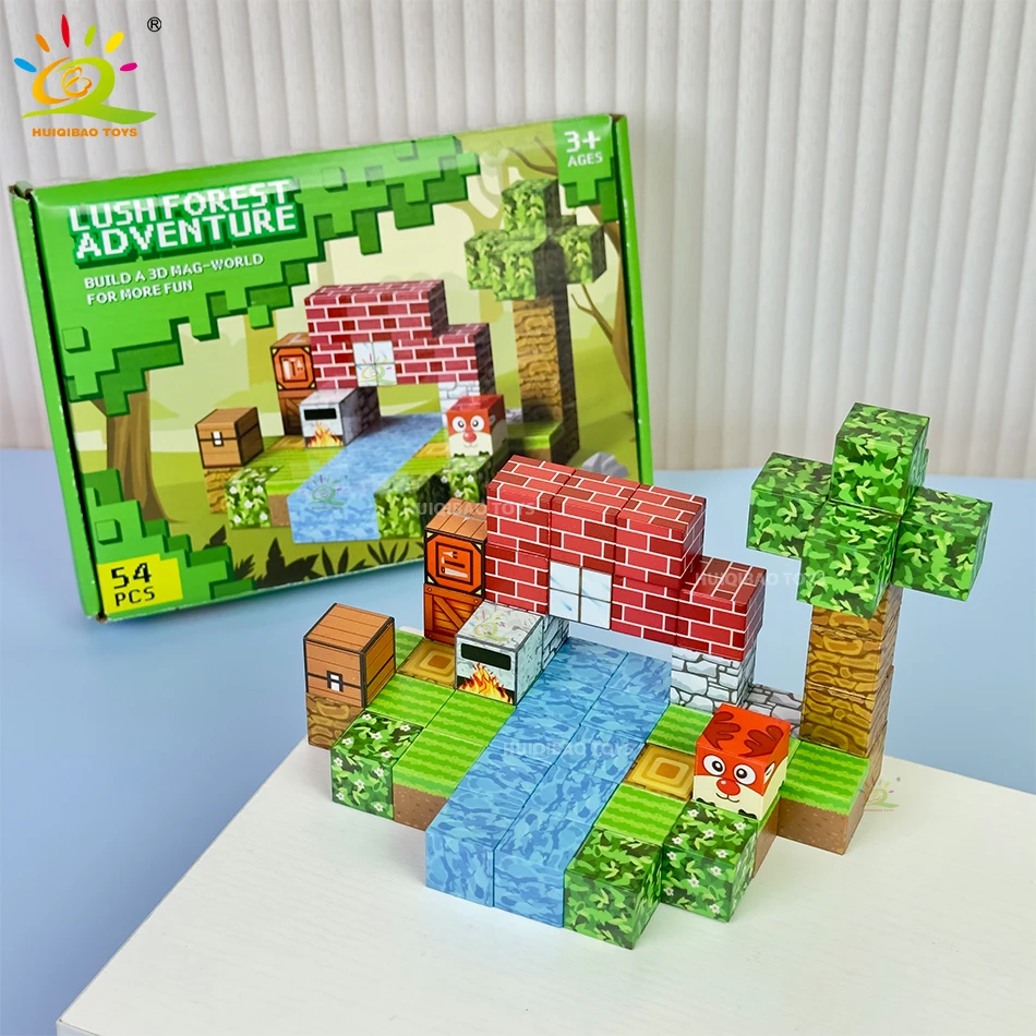 3D Square Jungle Adventure Blocos Magnéticos, DIY Puzzle, Mine World Cube, Magnet World Set, Brinquedo Sensorial Educacional para Crianças, Presente