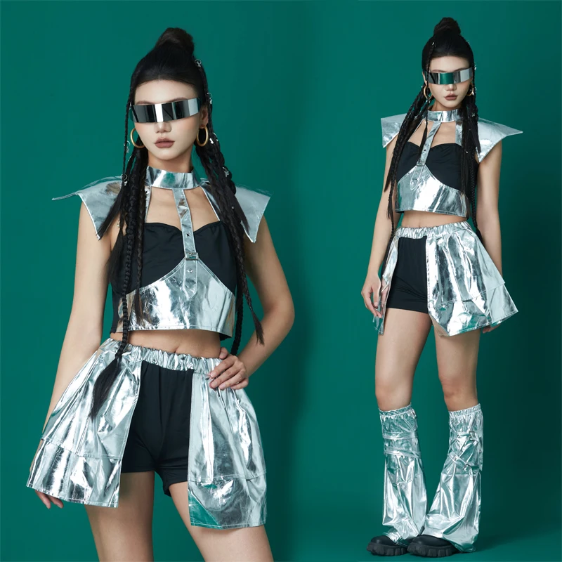 

Женская одежда для джазовых танцев, серебряный футуристический костюм для взрослых, сценический наряд, модель, костюм для подиума, танцевальная одежда Kpop VDL4686