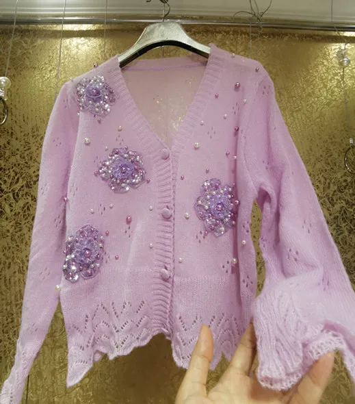 Imagem -04 - Suéter de Malha Frisada Brilhante Feminino Tridimensional Lantejoulas Flores Roxo Oco Protetor Solar Cardigan