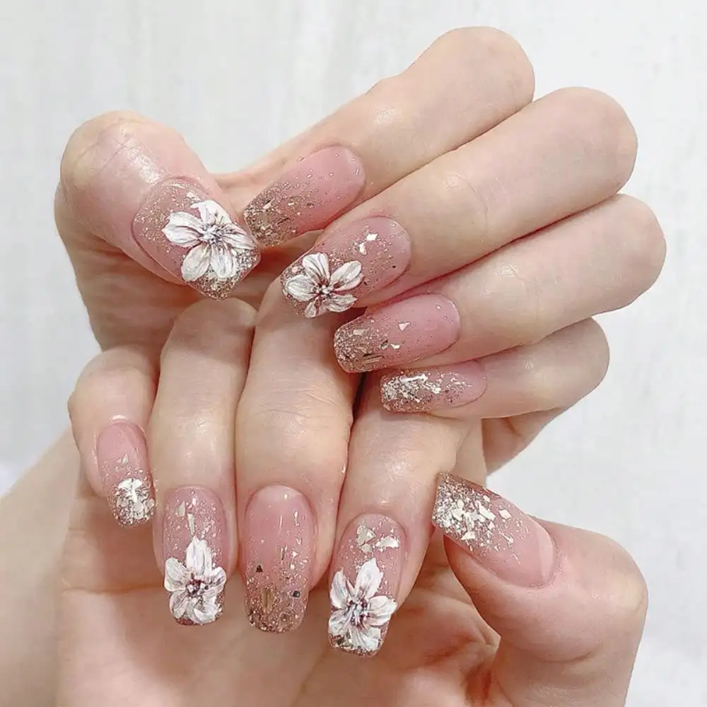 

24Pcs 3D Floral Press On Nails Almond Shape Gold Foil Glitter Design Nude Pink Fake Nails Elegant Bohemian Manicure for Women