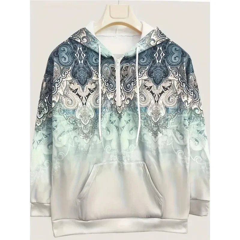 Sweater Hoodie Wanita Ukuran Besar 1XL-5XL, Lengan Panjang, Motif Cetak, Kantong Kanguru, Hangat, Kasual, Longgar, Musim Gugur