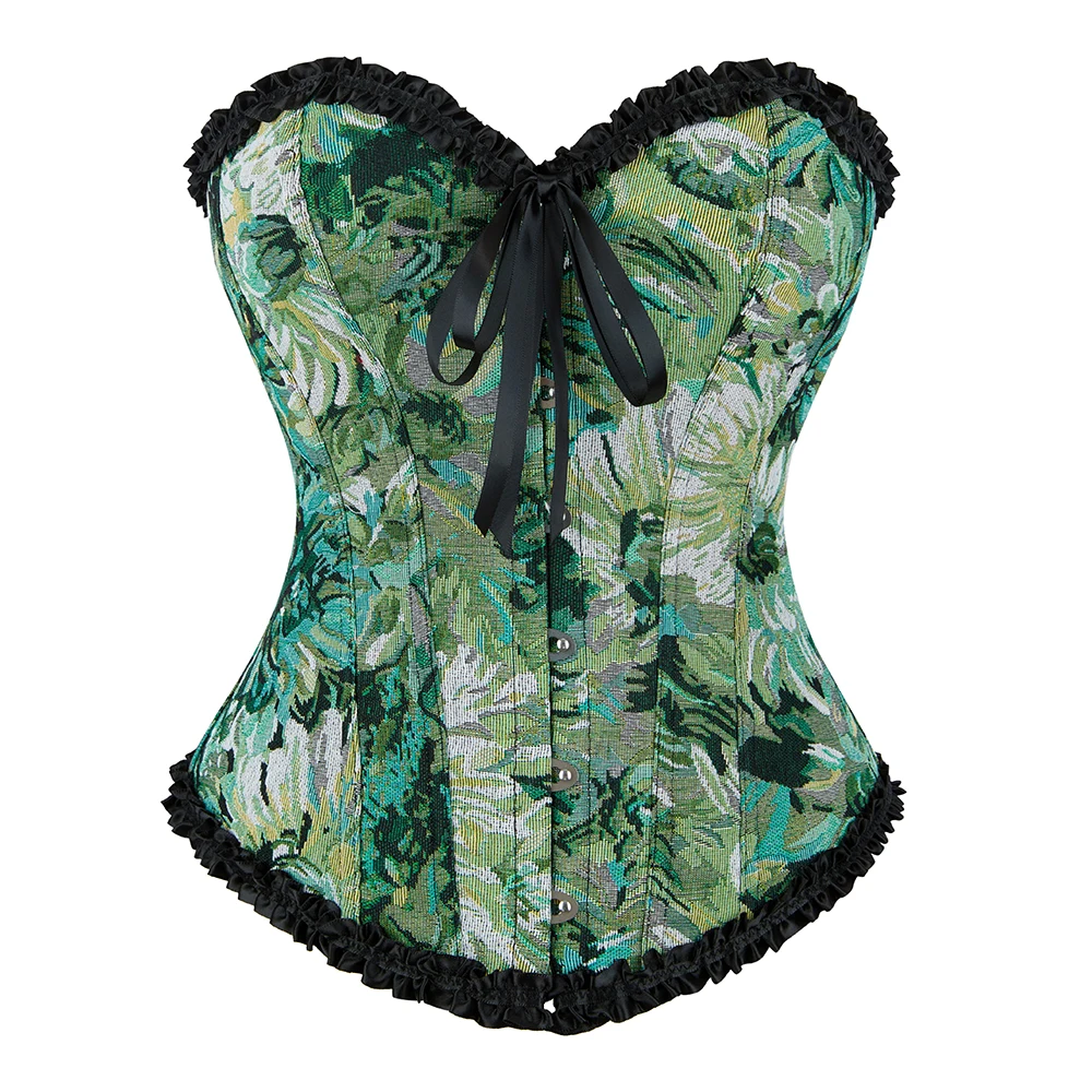 Lace Trim Overbust Corset Green Floral Oil Painting Bustier Top French Style Basques Korset