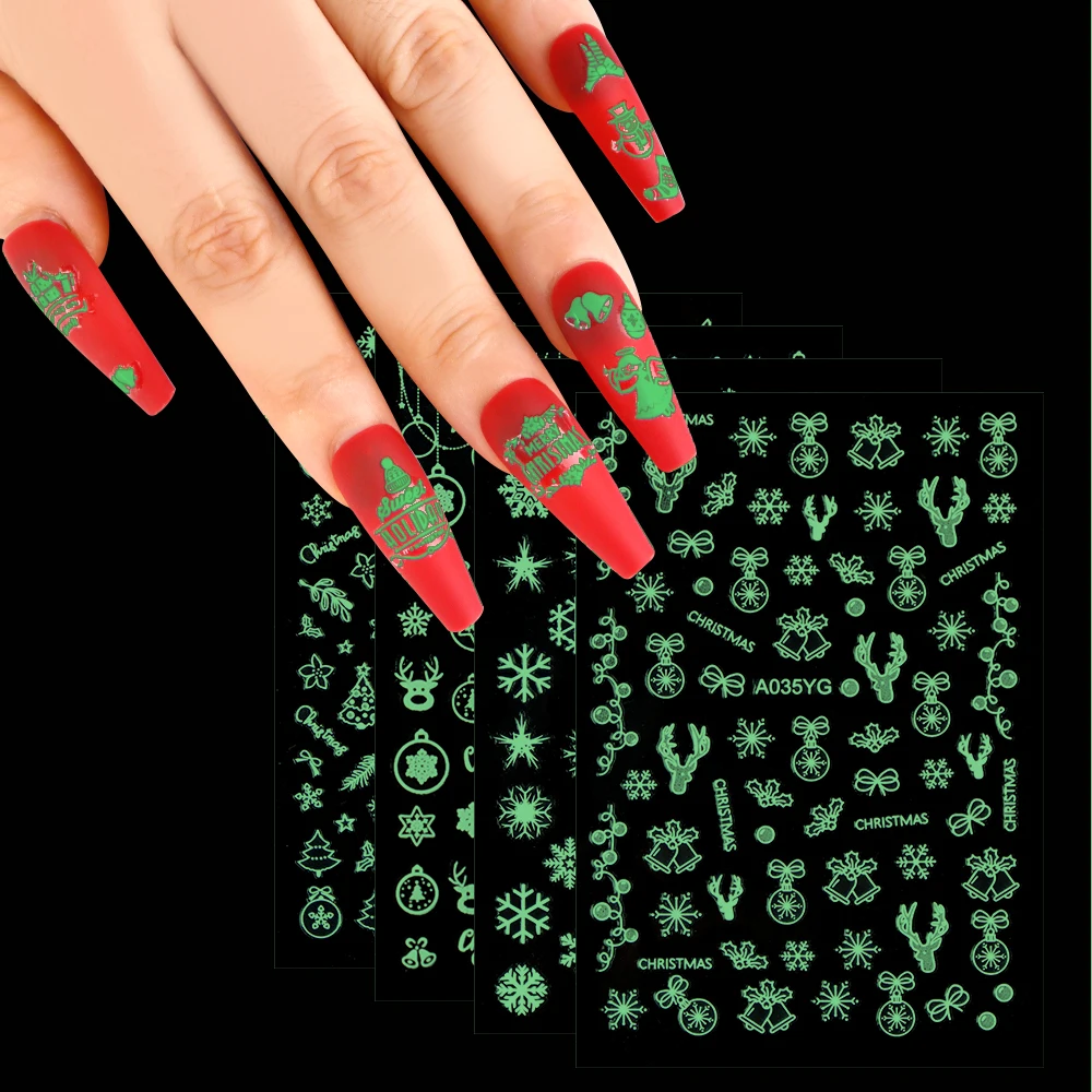 16Sheet/set Luminous Christmas Sticker Snowflakes/Tree sock/Deer Nail Art Decal Glow In The Dark Manicure Design Sticker 9*6.5cm