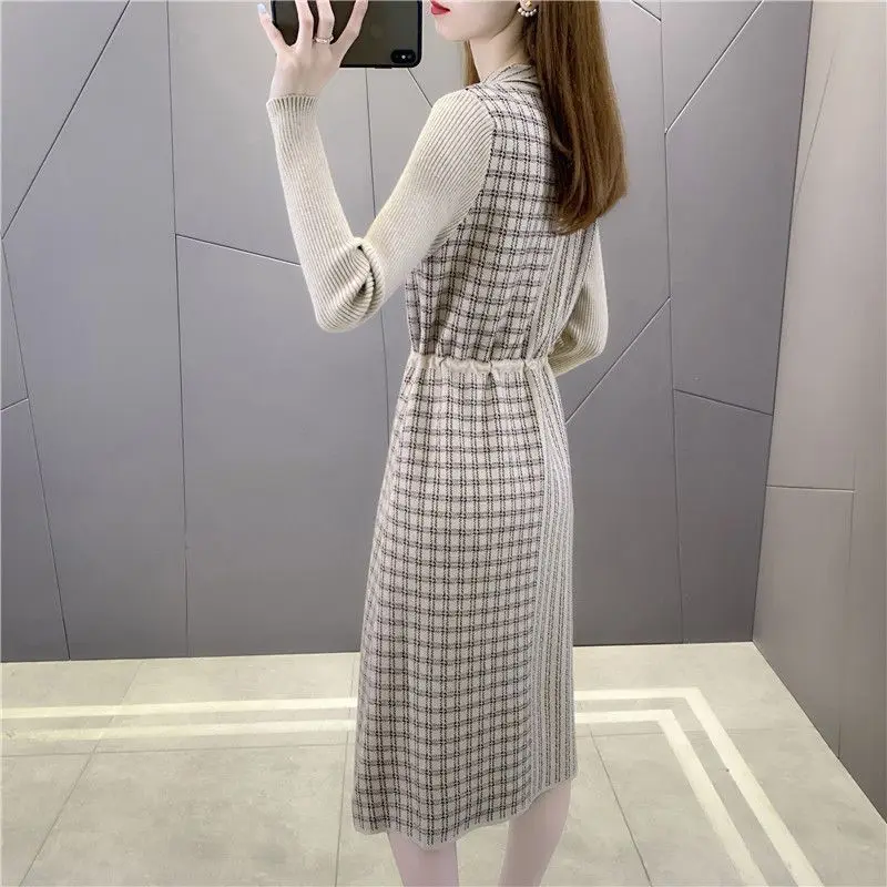 New Women\'s Mid to Long Knitted Dress with a Collar Stylish and Loose Fit Over the Knee Sweater as the Base Plus Size Sweater
