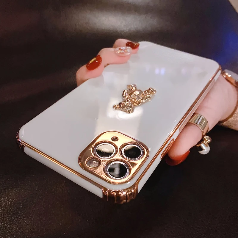 الفاخرة بريق المعادن ثلاثية الأبعاد الدب جراب هاتف آيفون 14 13 12 11 برو ماكس X XR XS 7 8 زائد SE2020 تصفيح بلينغ لينة غطاء سيليكون #4