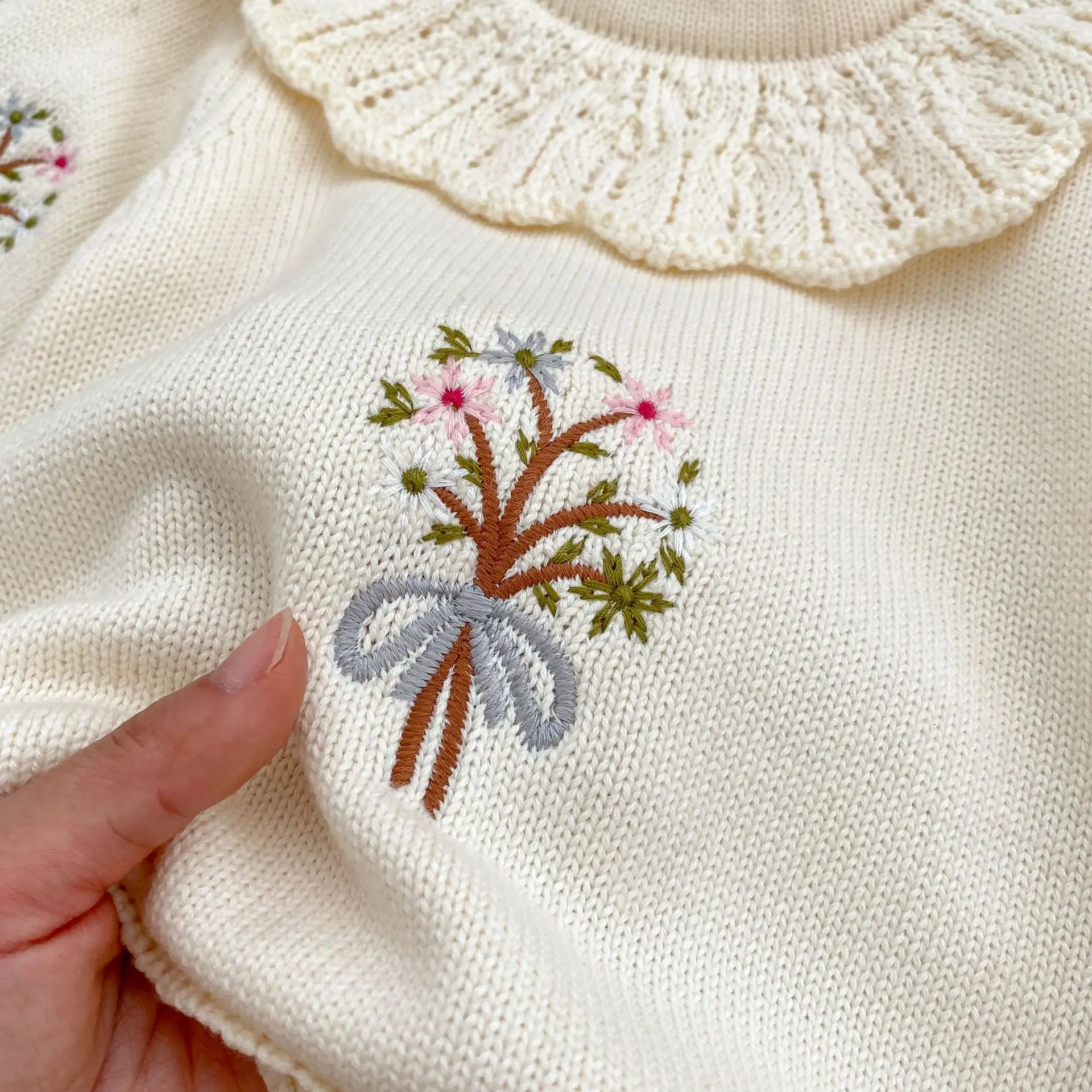 0-3T Baby Romper Flower Embroidery Newborn Kid Baby Girl Winter Clothes Knit Cute New Bron Sweater Bodysuit Cute Knitwear