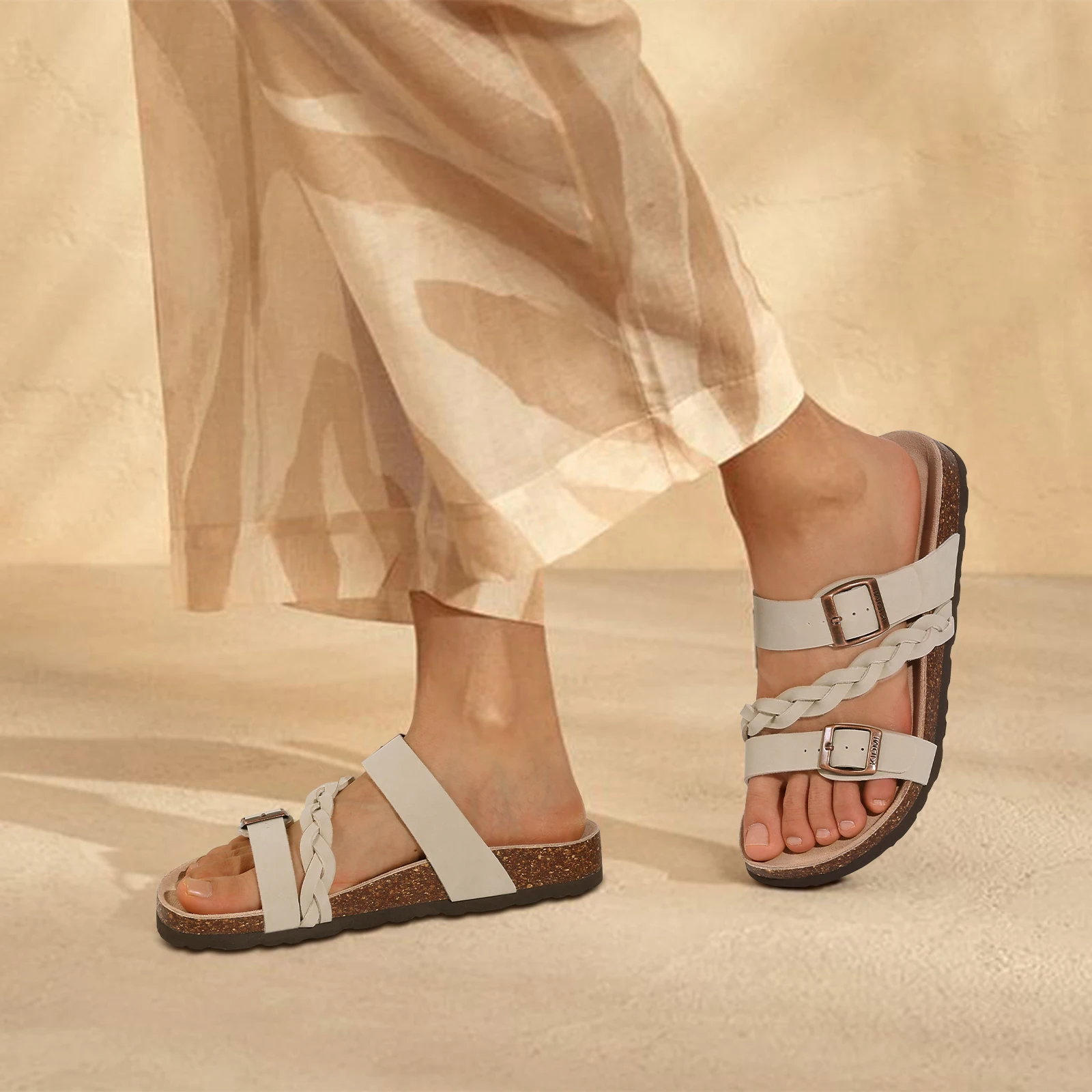 Litfun Women's Cork Sandals With Arch Support, Comfortable Slip-On Beach Sandals With Adjustable Buckle For Summer_voghion.com