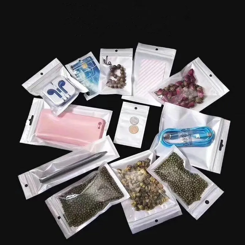 50Pcs/Lot White Mobile Phone Data Cable Accessories Seal Bag Transparent Plastic Retail Packaging Poly Pouches Zipper Lock Bag