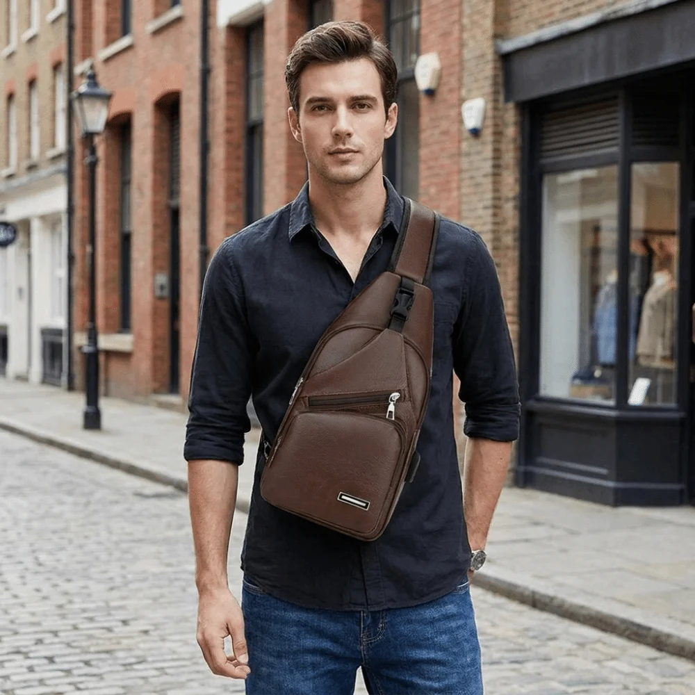 Solid Color Men Chest Bag USB Charging Zipper Men's Crossbody Sling Bag Korean Style Waterproof Single Shoulder Bag Travel Use