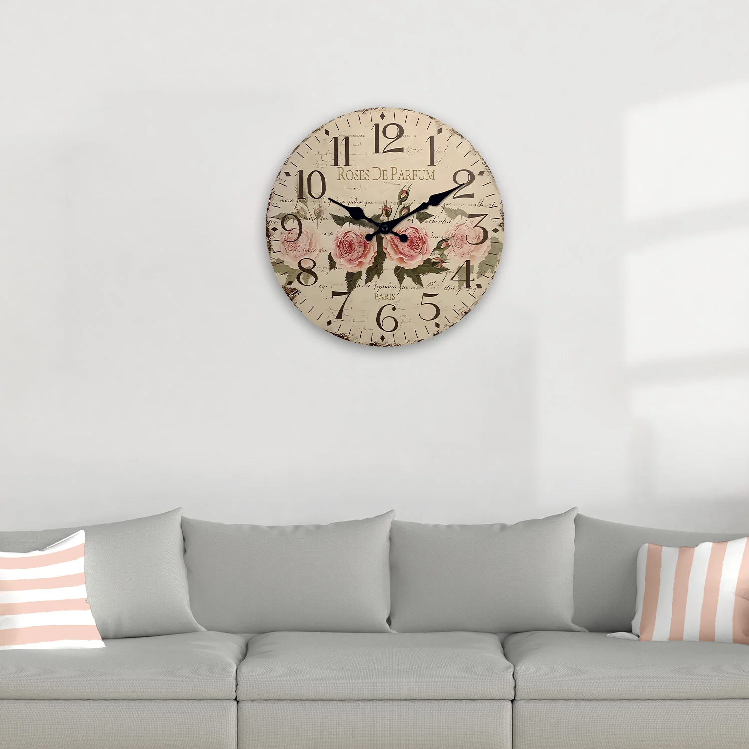 Retro “Roses De Parfum” Pattern Wooden Wall Clock Living Room Bedroom Kitchen Home Decoration Wall Clock Silent Quartz Clock Holiday Gift 10 Inches