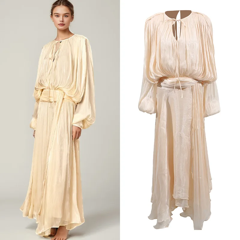 

Women's O-neck Long Sleeve Lace-up Maxi Dress for Women 2025 Luxury Designer Elegant Cocktail Party Dresses Celebrity Prom Gowns