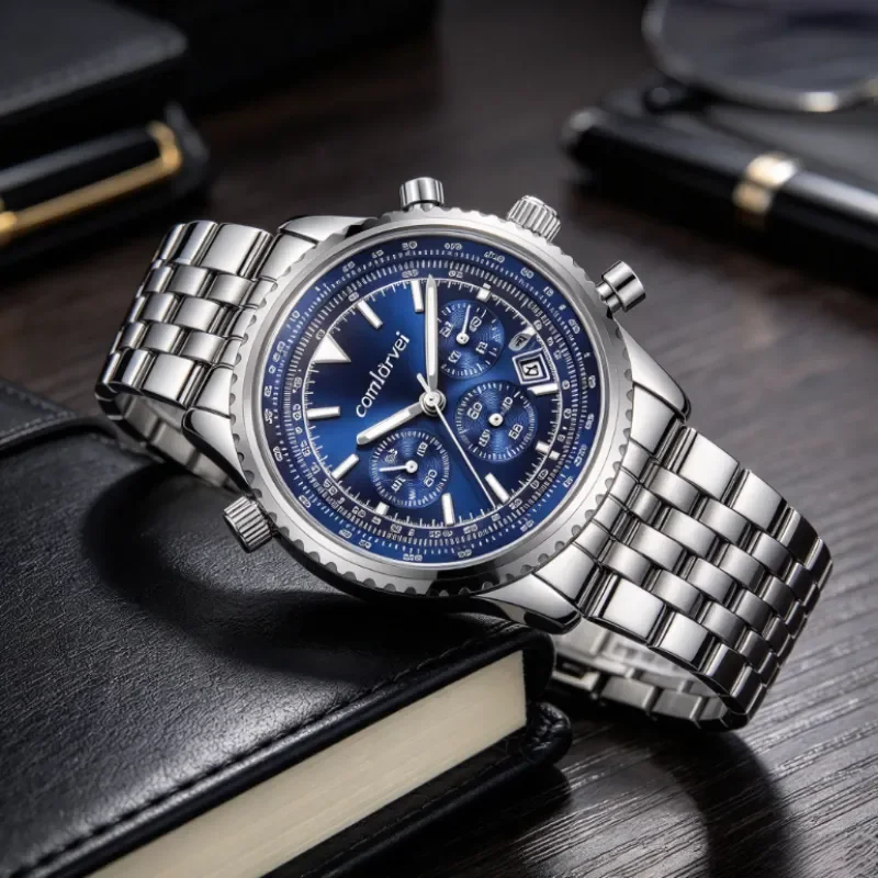 comlorvei Men's Quartz Wrist Watch, 3 Sub-dials Chronograph Pilot Watch, Metal Strap Business Casual Sports Watch 3 Dial Colors