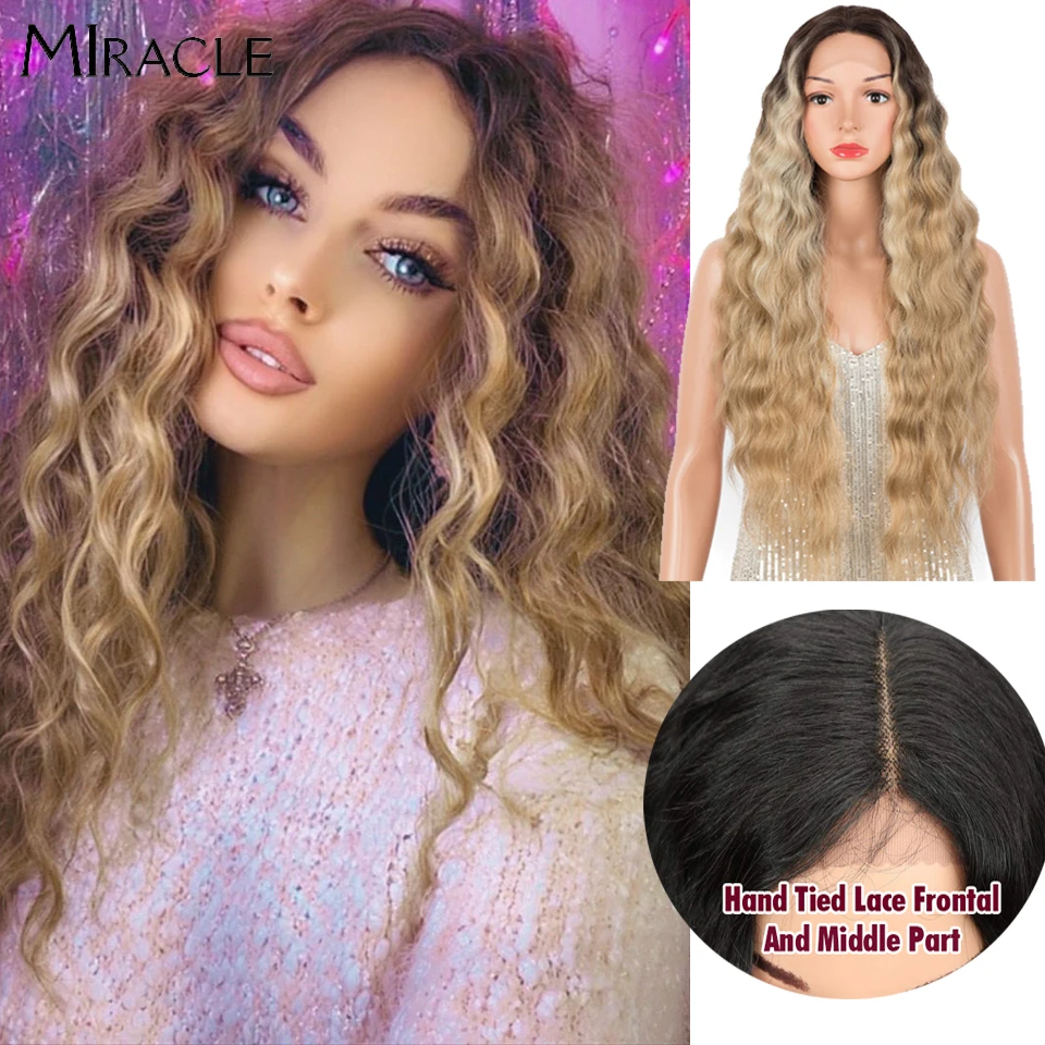 Perruque Lace Wig synthétique pour femmes, perruque Deep Wave bouclée Blonde, perruque de Cosplay 30 pouces Ombre dentelle perruques haute