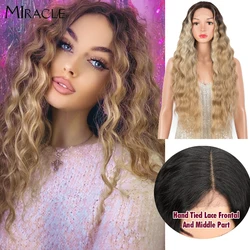 Perruque Lace Wig synthétique pour femmes, perruque Deep Wave bouclée Blonde, perruque de Cosplay 30 pouces Ombre dentelle perruques haute température Fiber Miracle