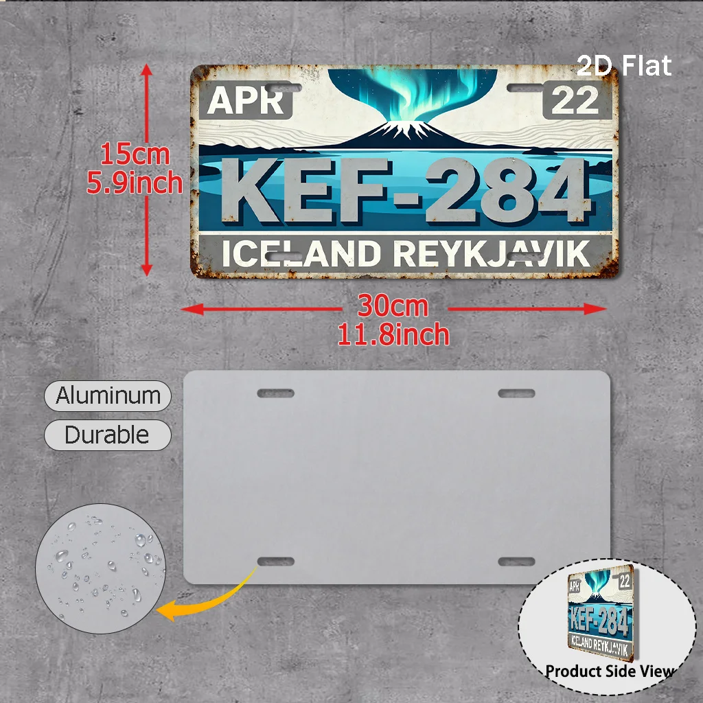 2D Flat Printing, 1pc, Vintage License Plate, External Accessory (29.97 cm X 14.99 cm), Iceland Reykjavik Northern Lights Travel