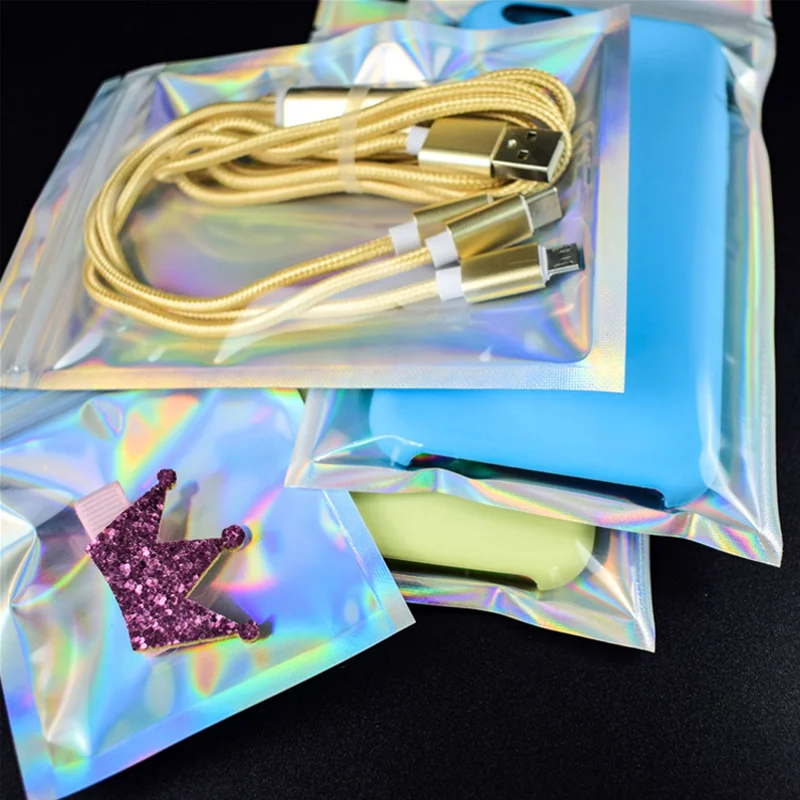 10/25 Laser Packaging , Re-sealable, Colorful Clear Holographic Zipper , Jewelry Display Retail Bags, Gift Storage Bags