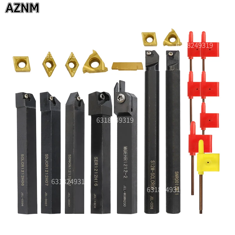 Ensemble de 7 burins rotatifs, support de fixation rotatif en acier de 12 mm, tige de perçage, support d'outil rotatif pour tour, avec 7 panneaux de coupe rotatifs