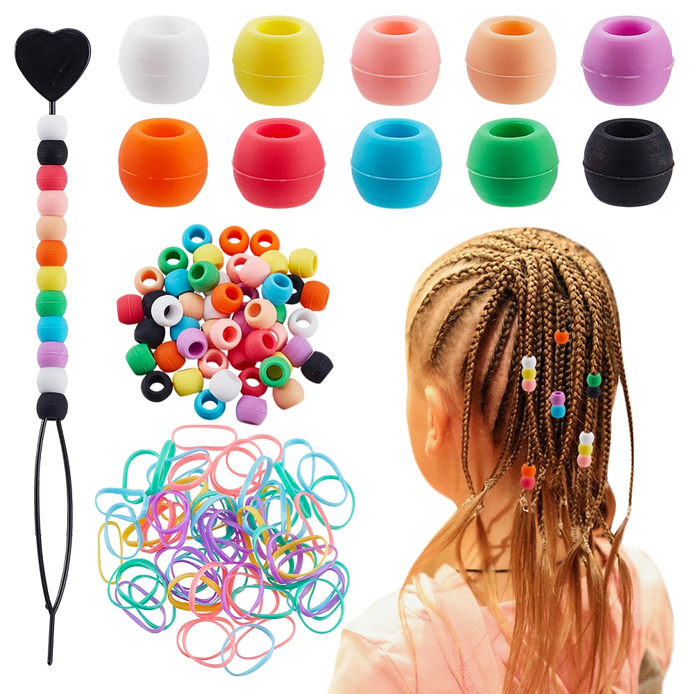 Hair Beads Set 10x7.5mm Colorful Soft Pony Beads Bulk for Braids Rubber Bands and 1Pc Hairpin for Hair Accessories DIY Crafts