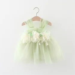 Summer girl's suspender dress, baby girl's three-dimensional flower suspender solid color gauze dress cute princess dress