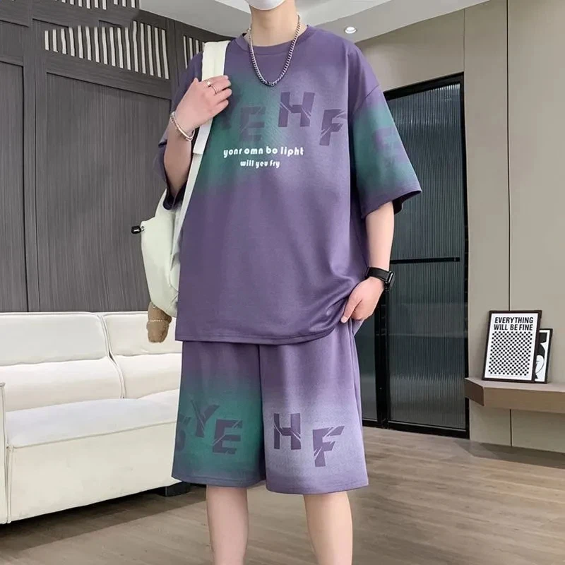 Men Gradient Letter Print Two Piece Outfit Loose Short Sleeve T Shirt Drawstring Shorts Teen Casual Sports Set S XXL
