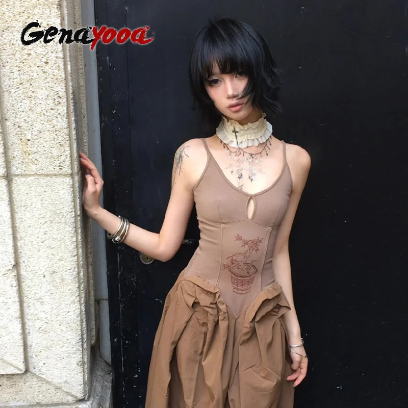 

Genayooa Y2k Vintage Dress Women Print Sleeveess Halter Neck Dresses Hollow Out Japanese 2000s Aesthetic Party Long Dresses