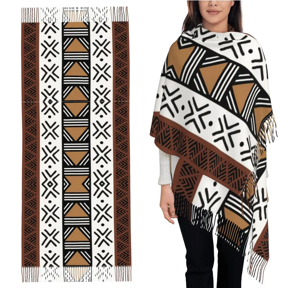 

African Tribal Bogolan Pattern Scarf Tassel Scarves for Women Soft Warm Shawls and Wraps Long Fall Winter Shawl Wrap
