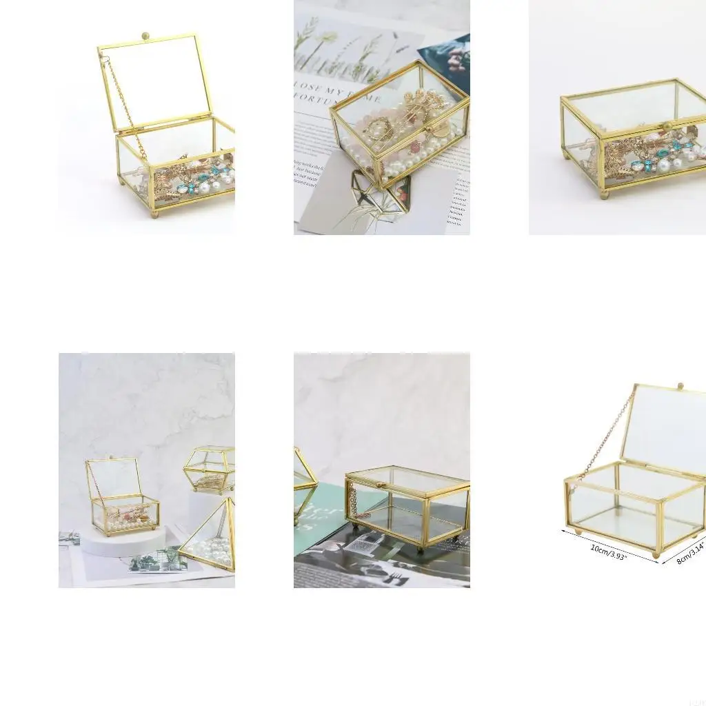 Vintage Golden Glass Lidded Box Decorative Jewelry Display Clear Rectangle Rings Bracelet for Case