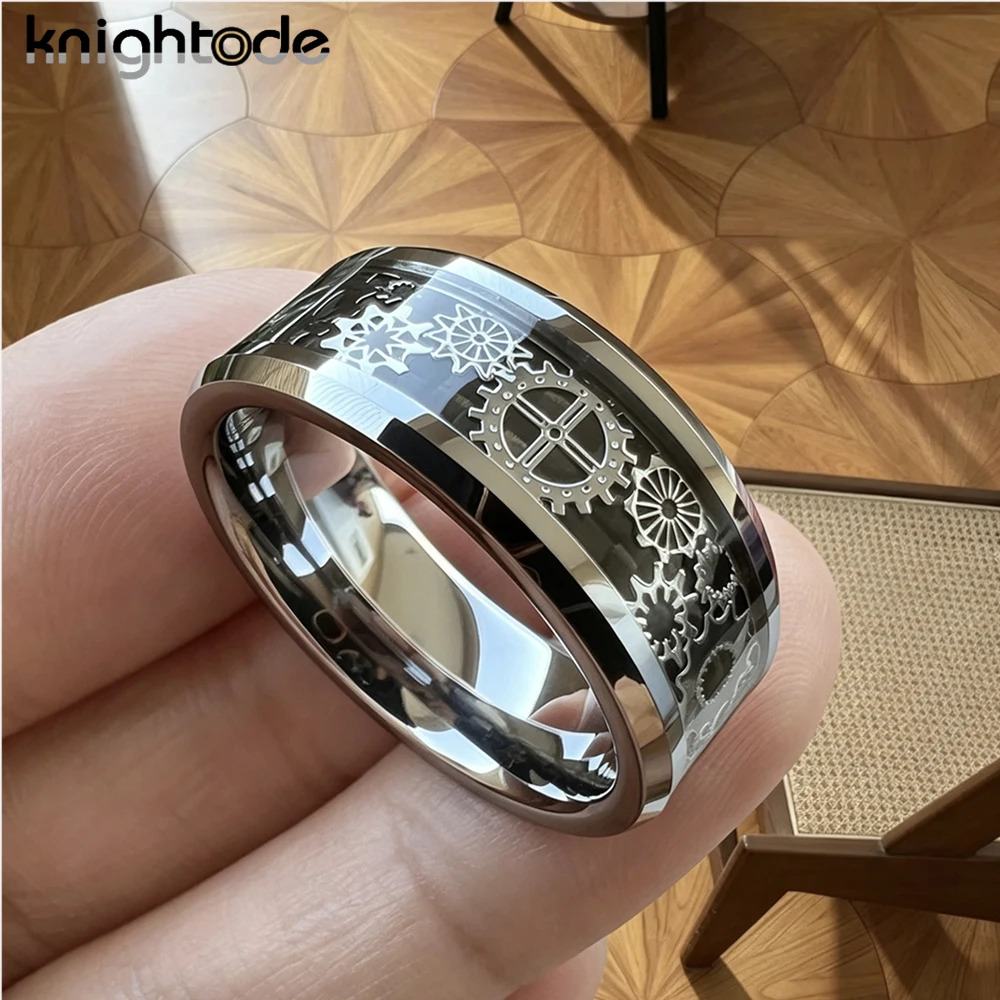 8mm Carbon Fiber Inlay Mechanical Gear Wheel Tungsten Carbide Rings Wedding Band Beveled Edges Polished Comfort Fit