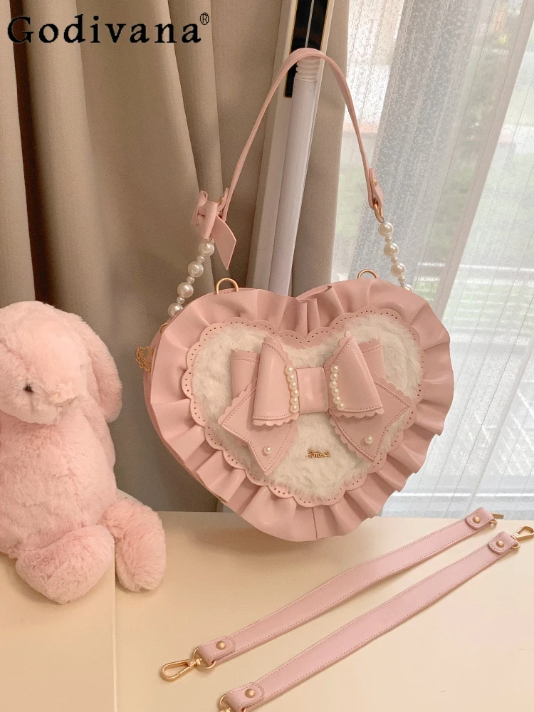 

Sweet Girl Japanese Original Lolita Loves Handbag Bow Plush Cute Doll Feeling Large Capacity Pearl Zipper Shoulder Bag for Women