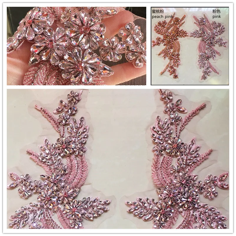 

Gorgeous Peach Pink Glass Crystal Flower Trims For Stage Dress Ornaments DIY Coat Garments Accessory Big Flower Applique