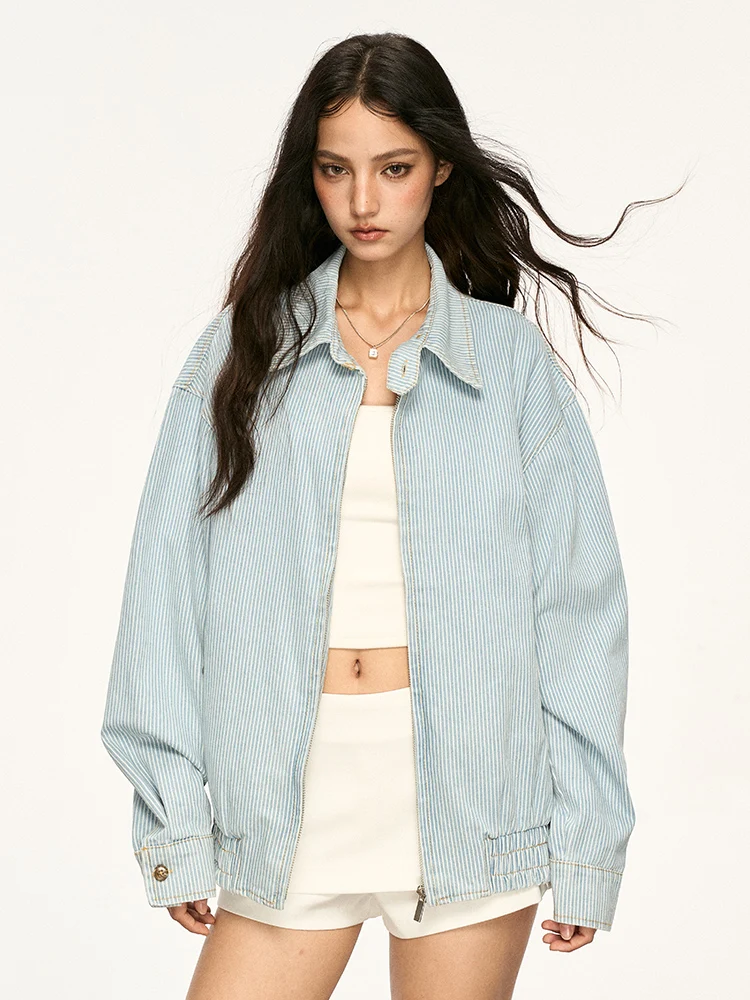 

Aaisup American Retro Striped Casual Loose Women's Jaet Fall Faionable Versatile Workwear Coat with Turn-down Collar