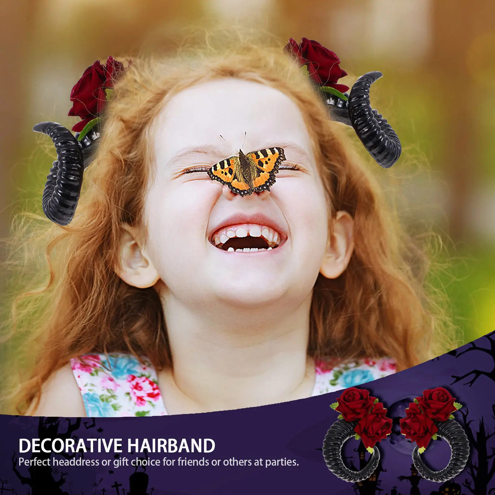 1 Pair RAM Horn Rose Hairband Halloween Headband Gothic Headdress Festival Decorative Photo Props Women Fashion Hair Band