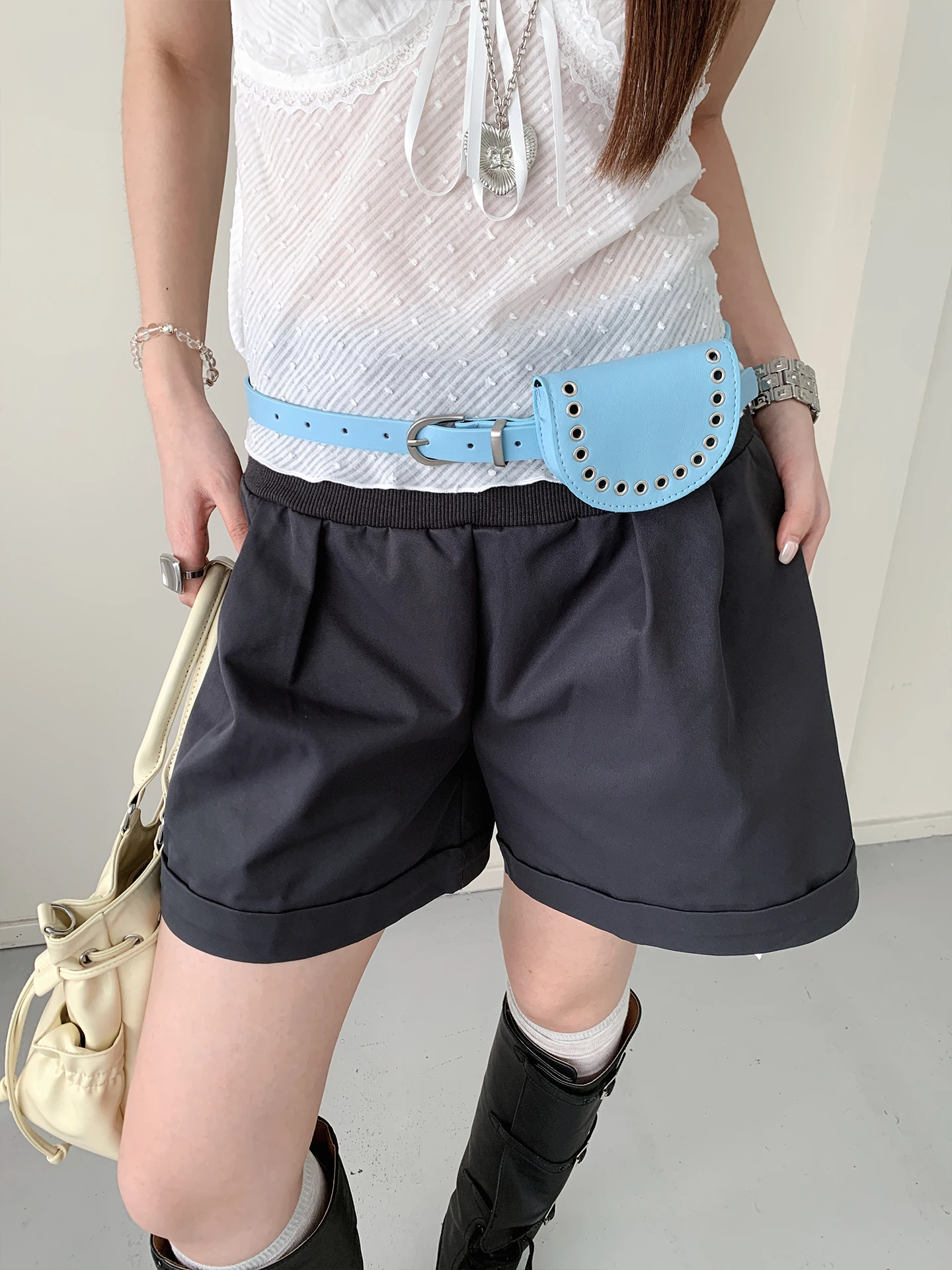 Korean Vintage Hollowed-Out Studded Blue Belt Women's High-End Semi-Circle Detachable Waist Bag Metal Buckle Belt
