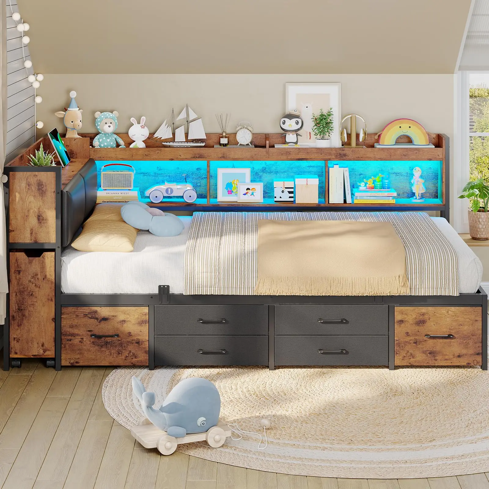 14 Inch Corner Bed Frame with Pull-Out Cabinet, Bookcase & Headboad Storage, Twin LED Daybed with 6 Drawers, Charging