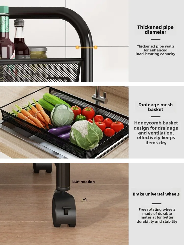 Kitchen Multi-Functional Storage Rack Vegetable Basket Mobile Cart Standing Home Use Organization Tool Set Chinese Style
