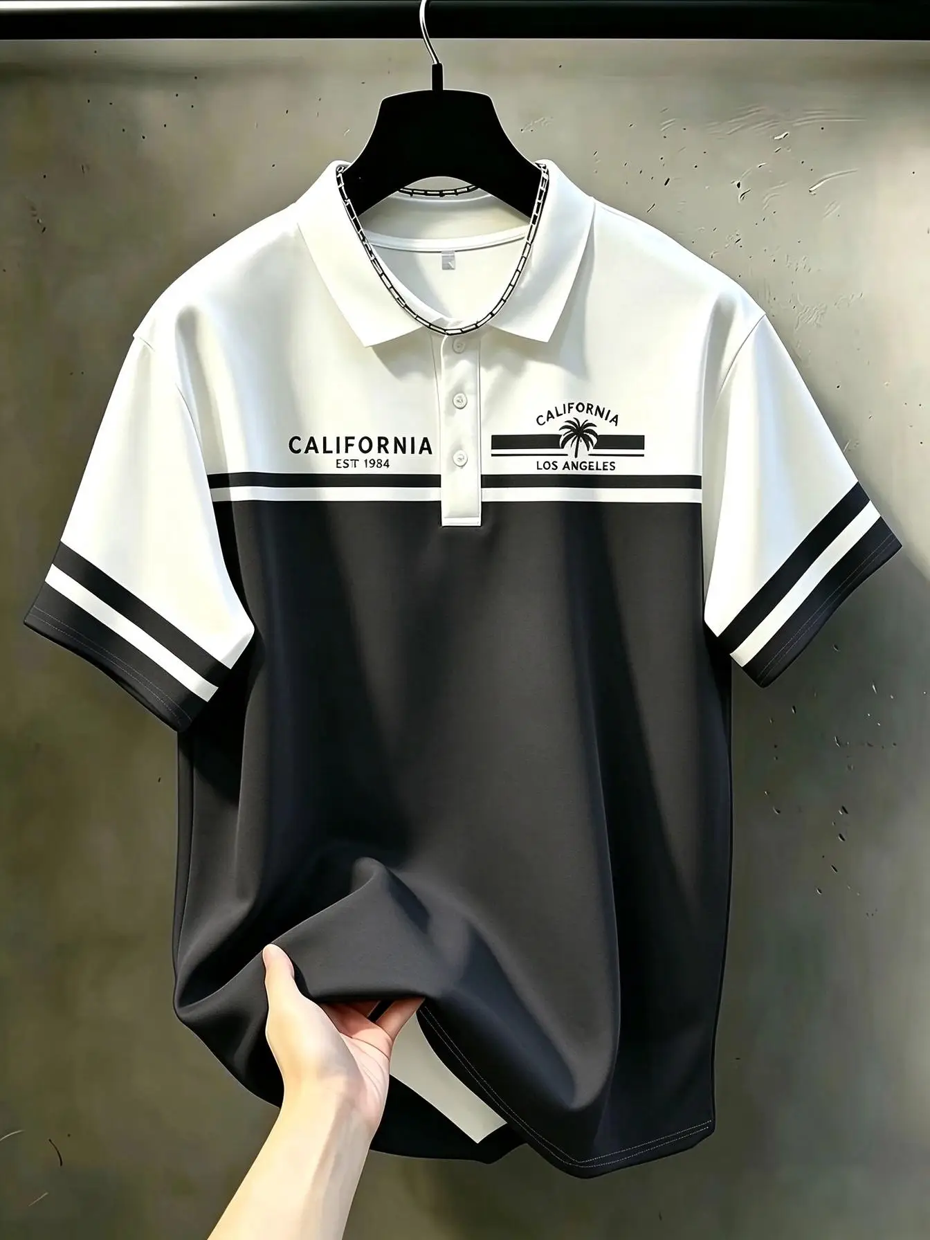 American man's 1984 summer California Saint Angel striped print soft breathable polo short sleeved T-shirt outdoor casual top