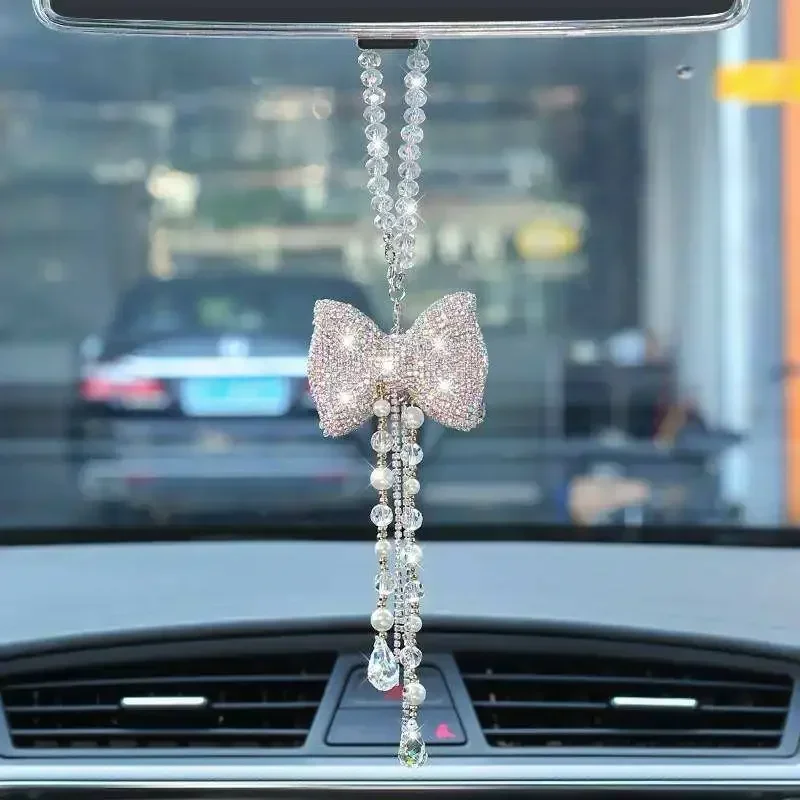 

Fashion Crystal Bowknot Car Pendant Cute Tassels Chain Rearview Mirror Ornament Pearl Rhinestone Bling Car Accessories for Women