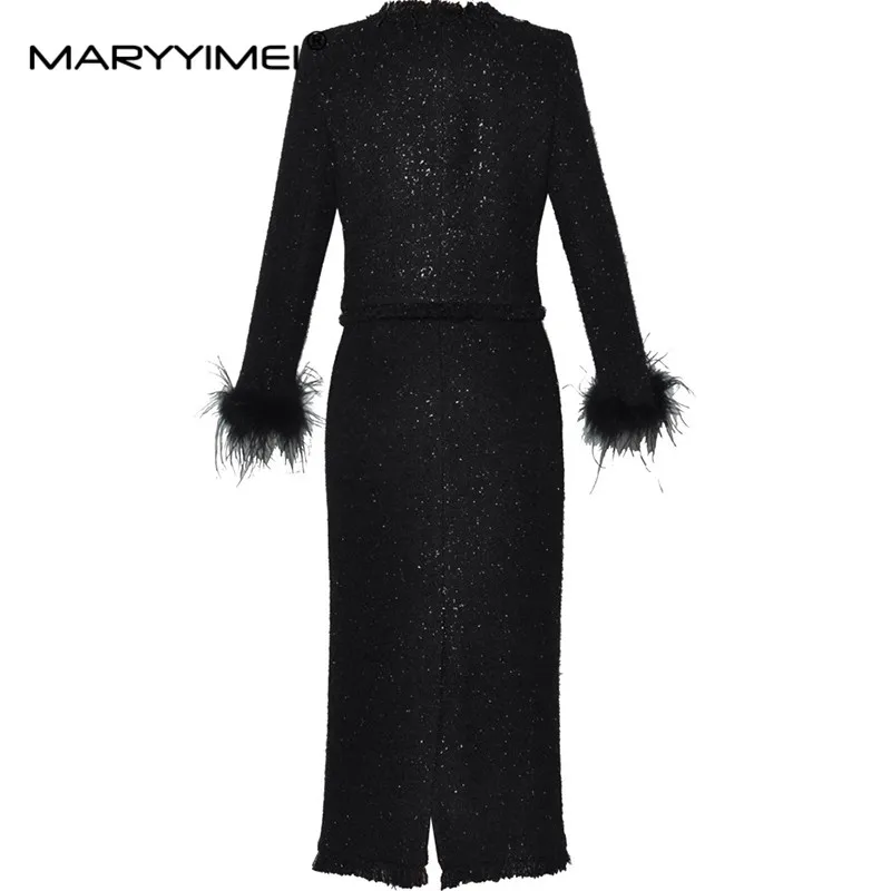 MARYYIMEI Fashion Runway Autumn Winter Women Suit Feathers Long Sleeve Beading Tops+Pretty Slim-Fit Hip Wrap Skirt 2-piece set