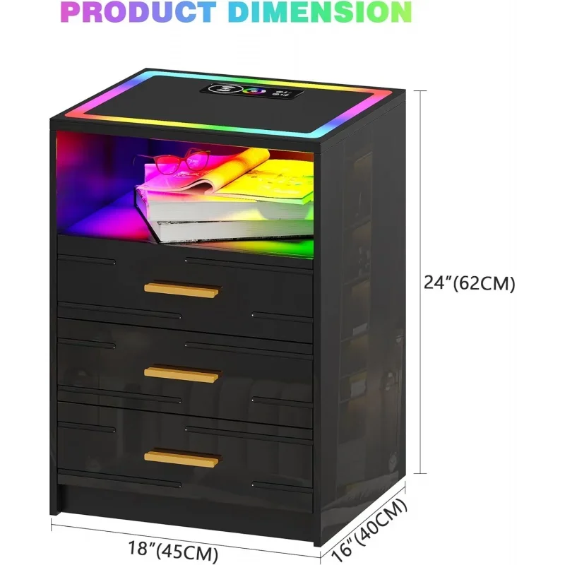 LED Nightstand with Wireless Charging Station and 24 Color Dimmable Auto Sensor for Bedroom Furniture,RGB Touch Screen Ni