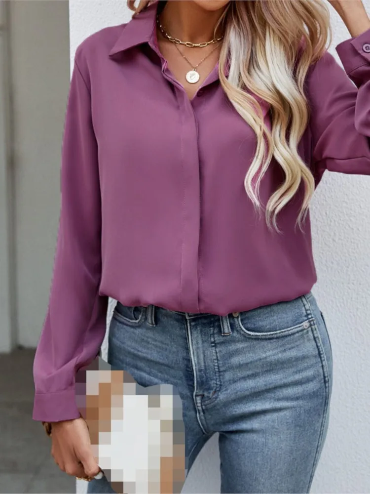 New Women\'s Spring Summer Solid Color Fashionable Lapel Shirt Loose Casual Long Sleeved Single Breasted Shirt Top