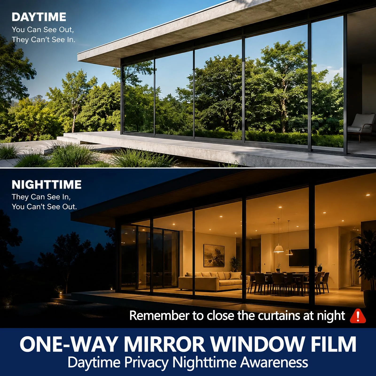 Dark Blue Silver One Way Static Window Film Glue-Free Static Cling Heat Control UV Protection Privacy Glass Sticker