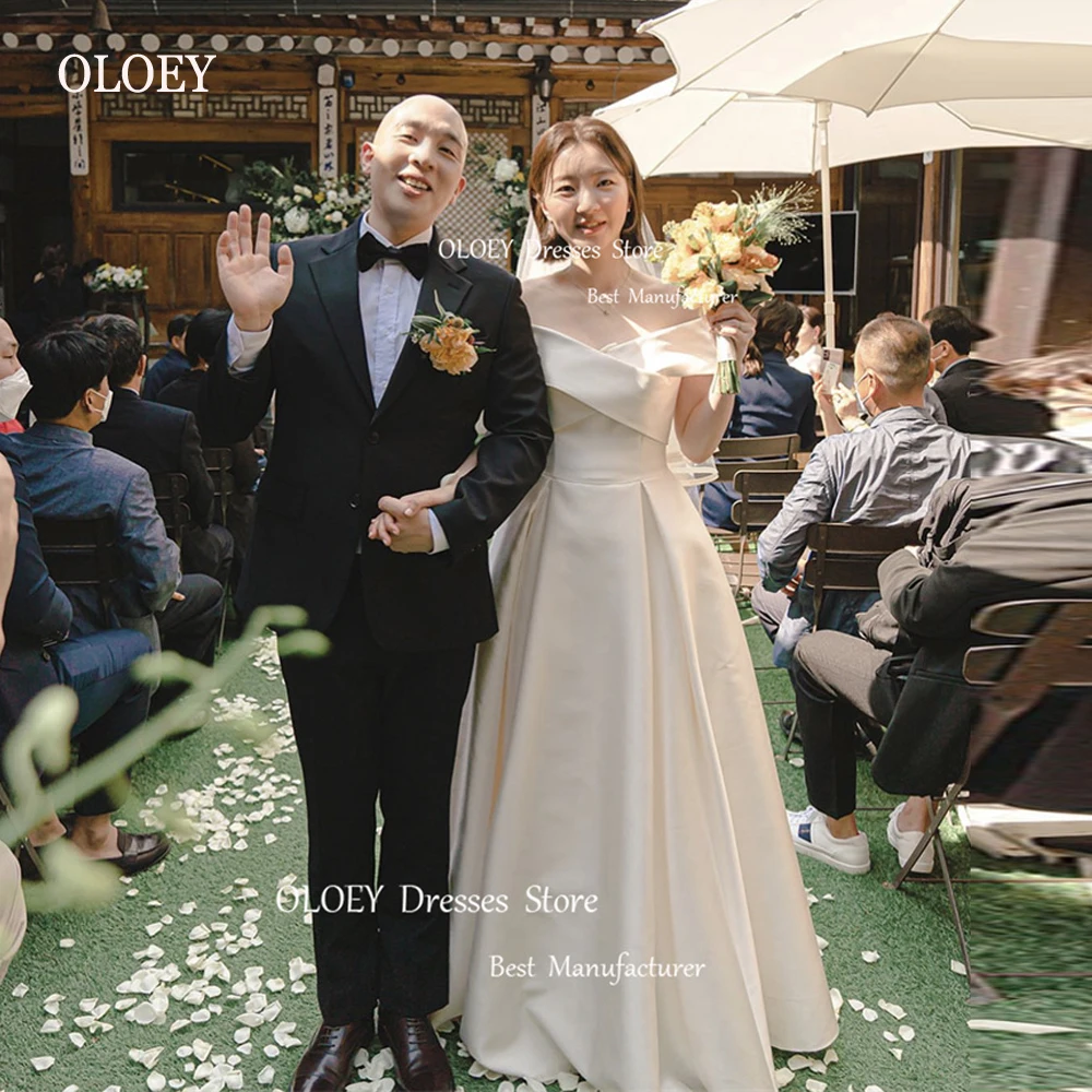 OLOEY Off the Shoulder A Line Satin wanita Korea gaun pernikahan Lengan sederhana panjang lantai gaun pengantin pemotretan ukuran besar